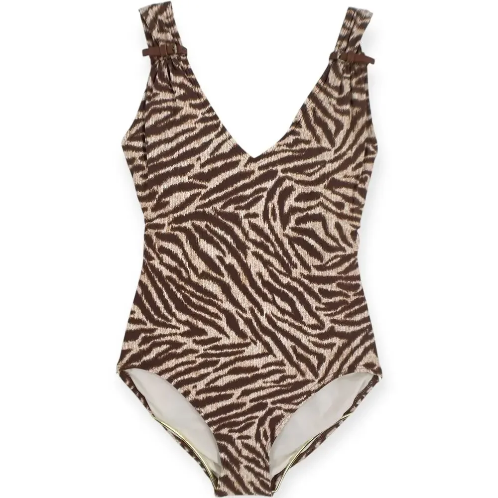 Michael Kors Brown Zebra Print Faux Leather Buckle Strap Accents Animal Print 8